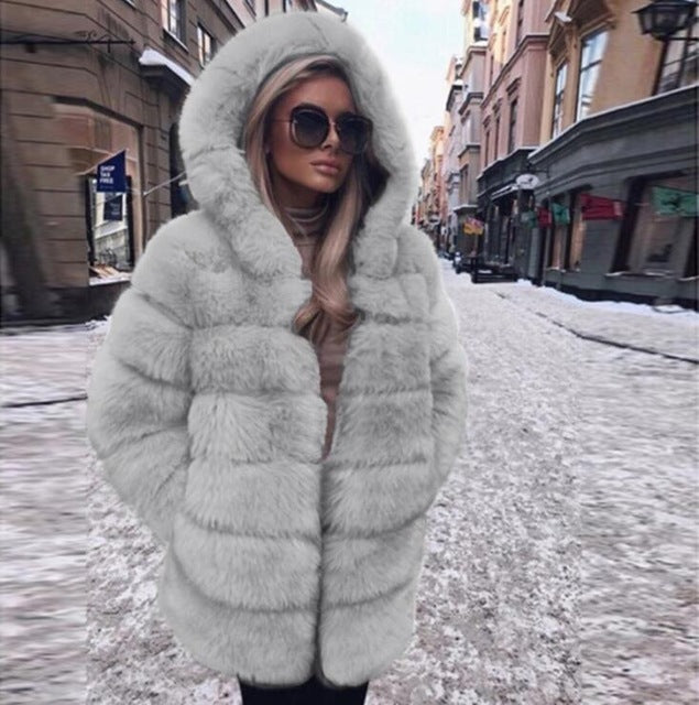 Women Winter Faux Fur Coat Cozy Jacket Open Front Hooded Thicken Pure Color Long Sleeve Warm Outwear Overcoat Plus Size