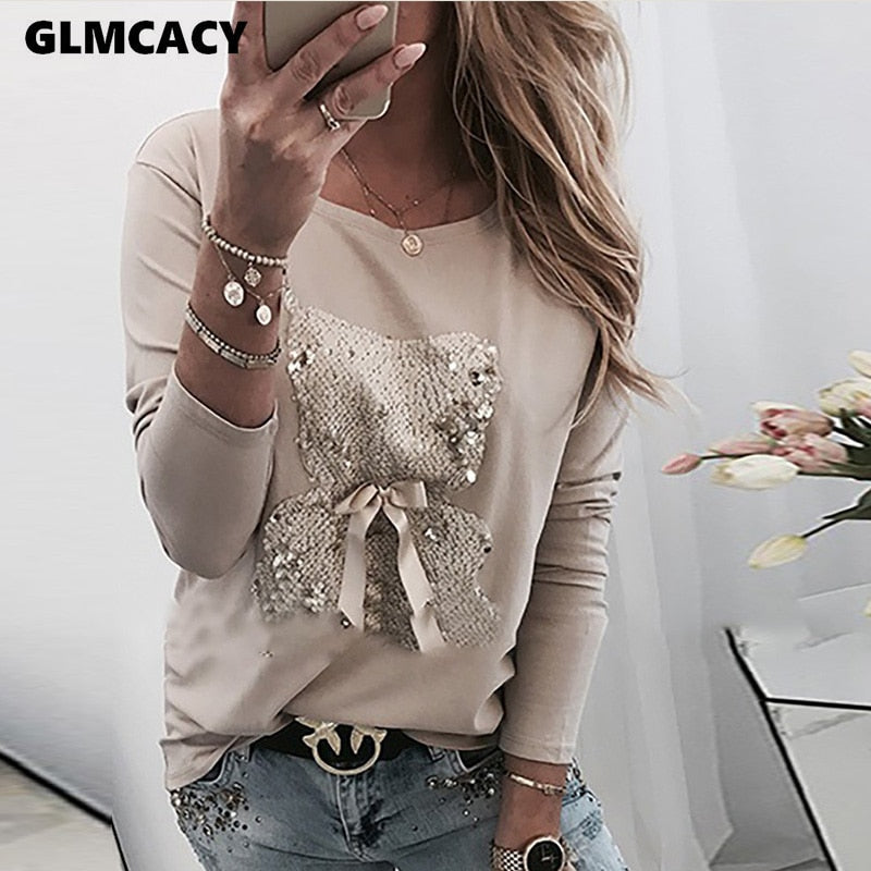 Women Bear Pattern Sequins Bowknot Round Neck Long Sleeve T-shirt Casual T Shirt Tops