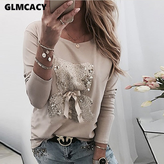 Women Bear Pattern Sequins Bowknot Round Neck Long Sleeve T-shirt Casual T Shirt Tops