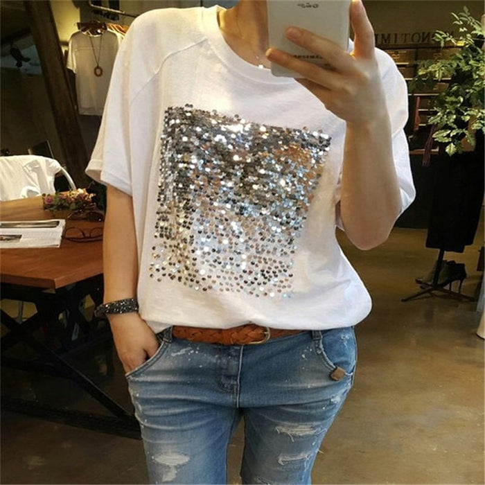 2020 Fashion Korean Sequins T Shirt for Women Loose Large Size Bamboo Cotton White Sequins T-shirt Female Short-sleeved Fitness