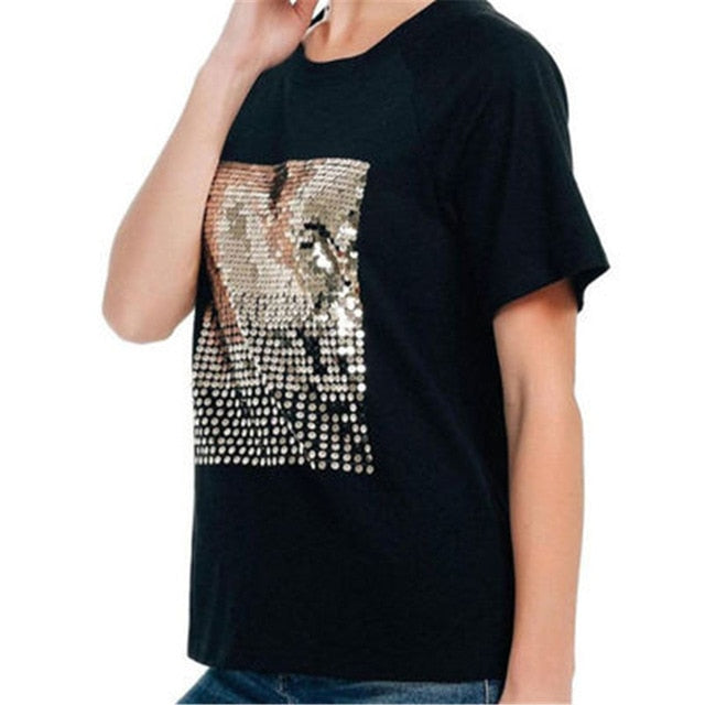 2020 Fashion Korean Sequins T Shirt for Women Loose Large Size Bamboo Cotton White Sequins T-shirt Female Short-sleeved Fitness