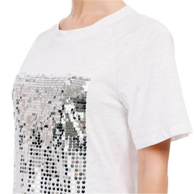 2020 Fashion Korean Sequins T Shirt for Women Loose Large Size Bamboo Cotton White Sequins T-shirt Female Short-sleeved Fitness