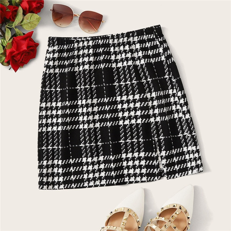 ROMWE Plaid Textured Mini Skirts Womens Spring Fall 2019 Clothes Mid Waist Black Skirt White Skirt A Line Split Hem Korean Skirt