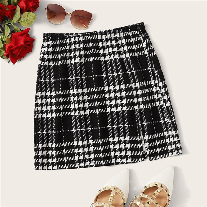 ROMWE Plaid Textured Mini Skirts Womens Spring Fall 2019 Clothes Mid Waist Black Skirt White Skirt A Line Split Hem Korean Skirt