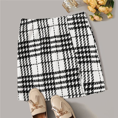 ROMWE Plaid Textured Mini Skirts Womens Spring Fall 2019 Clothes Mid Waist Black Skirt White Skirt A Line Split Hem Korean Skirt