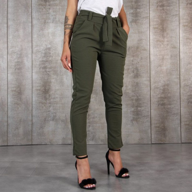 Women Wild Summer Cotton Casual Stretch Sashes Ankle-Length Trousers Elastic Mid Waist Loose Straight Pencil Pants with Belt