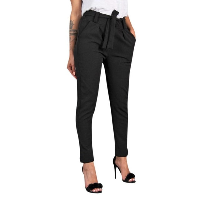 Women Wild Summer Cotton Casual Stretch Sashes Ankle-Length Trousers Elastic Mid Waist Loose Straight Pencil Pants with Belt