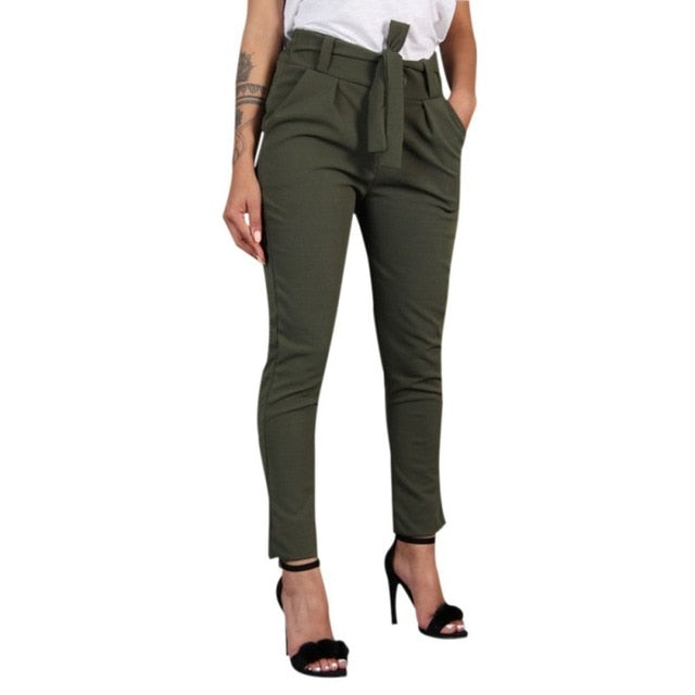 Women Wild Summer Cotton Casual Stretch Sashes Ankle-Length Trousers Elastic Mid Waist Loose Straight Pencil Pants with Belt