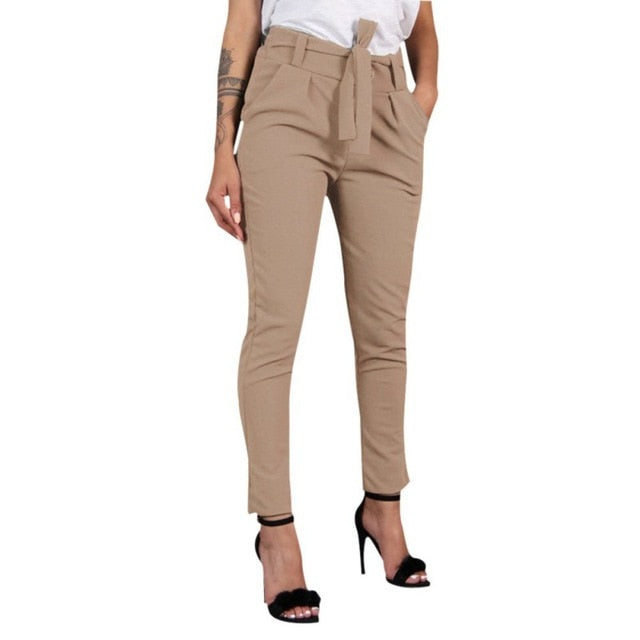 Women Wild Summer Cotton Casual Stretch Sashes Ankle-Length Trousers Elastic Mid Waist Loose Straight Pencil Pants with Belt