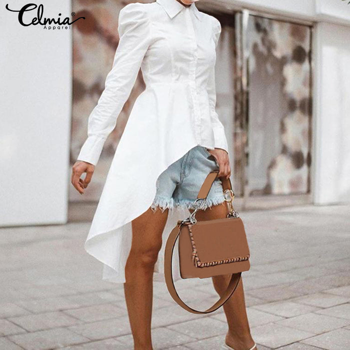 Stylish Tunic Tops Celmia 2019 Autumn Women Shirts Lapel Neck Long Sleeve Asymmetrical Blouses Casual Solid Party Blusas Mujer