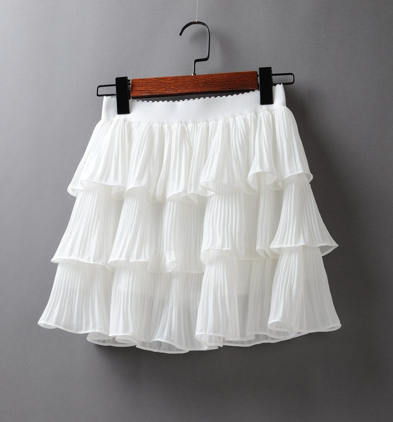 2020 Summer Women Elasticity Waist Mini Skirt Ladies Chiffon Skirt Ladies Casual Cake Skirts Black White Femme Pleated Skirts