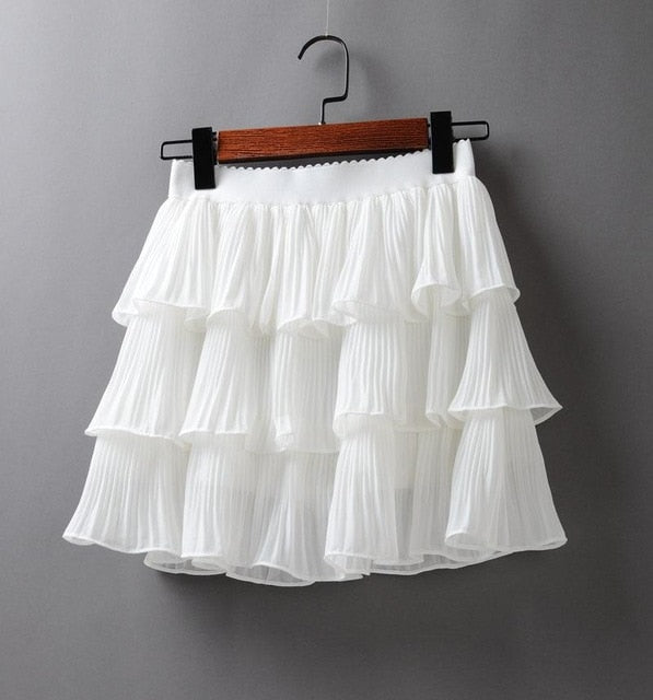2020 Summer Women Elasticity Waist Mini Skirt Ladies Chiffon Skirt Ladies Casual Cake Skirts Black White Femme Pleated Skirts