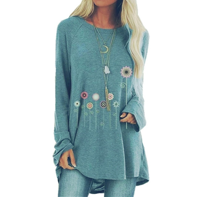 New Autumn Floral Print Loose Tshirts Women Long Sleeve Casual T Shirts Plus Size S-5XL Female Shirts 2019 Women Clothes Tops