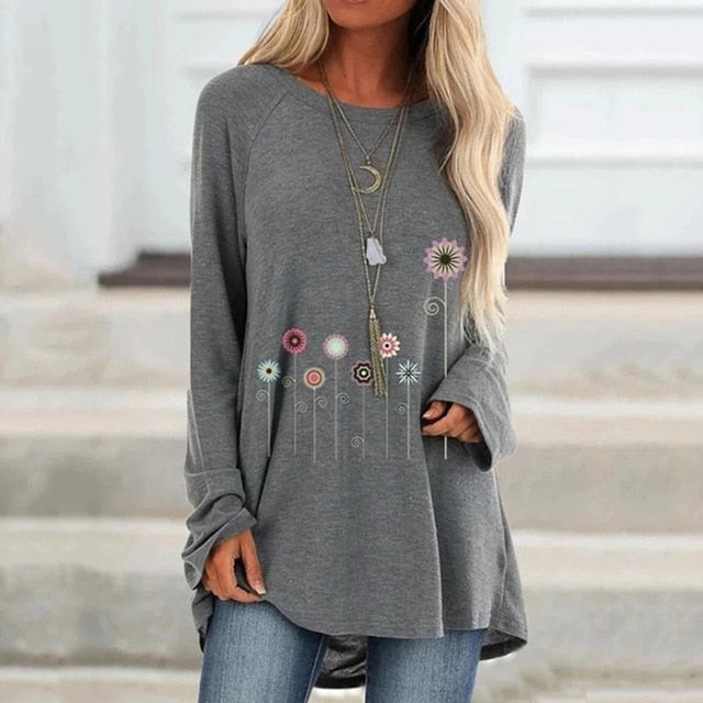 New Autumn Floral Print Loose Tshirts Women Long Sleeve Casual T Shirts Plus Size S-5XL Female Shirts 2019 Women Clothes Tops