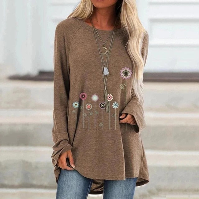 New Autumn Floral Print Loose Tshirts Women Long Sleeve Casual T Shirts Plus Size S-5XL Female Shirts 2019 Women Clothes Tops