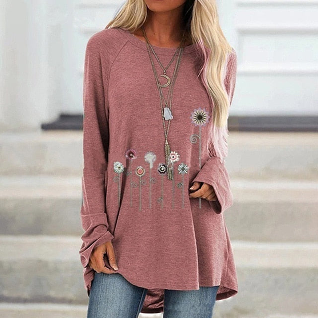 New Autumn Floral Print Loose Tshirts Women Long Sleeve Casual T Shirts Plus Size S-5XL Female Shirts 2019 Women Clothes Tops