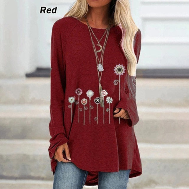 New Autumn Floral Print Loose Tshirts Women Long Sleeve Casual T Shirts Plus Size S-5XL Female Shirts 2019 Women Clothes Tops