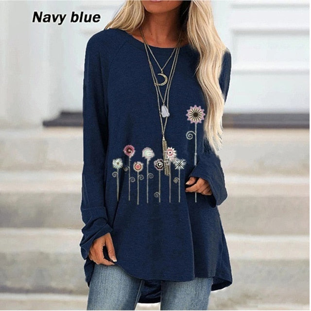New Autumn Floral Print Loose Tshirts Women Long Sleeve Casual T Shirts Plus Size S-5XL Female Shirts 2019 Women Clothes Tops