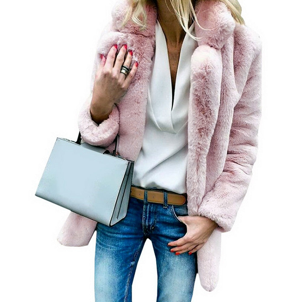 JODIMITTY Women Faux Fur Coats Winter Solid Fashion Open Point Outwear Female Luxury Long Sleeve Warm Thick Fluffy Jacket Coat