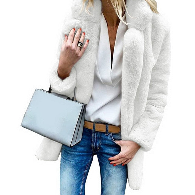 JODIMITTY Women Faux Fur Coats Winter Solid Fashion Open Point Outwear Female Luxury Long Sleeve Warm Thick Fluffy Jacket Coat