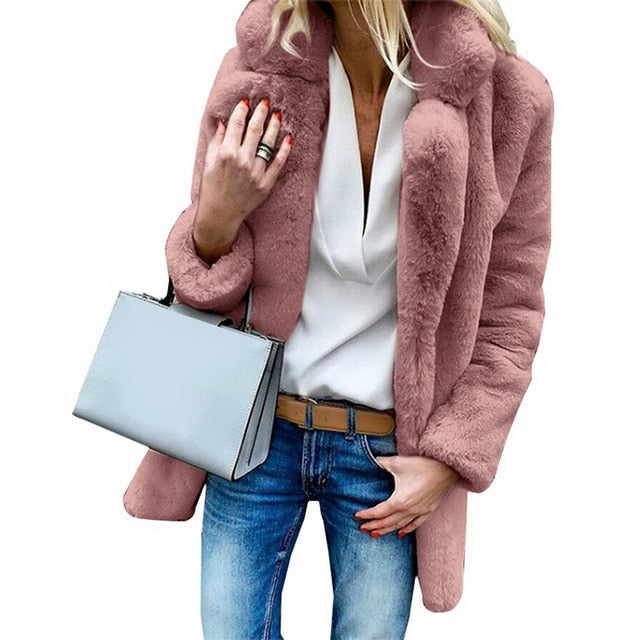 JODIMITTY Women Faux Fur Coats Winter Solid Fashion Open Point Outwear Female Luxury Long Sleeve Warm Thick Fluffy Jacket Coat