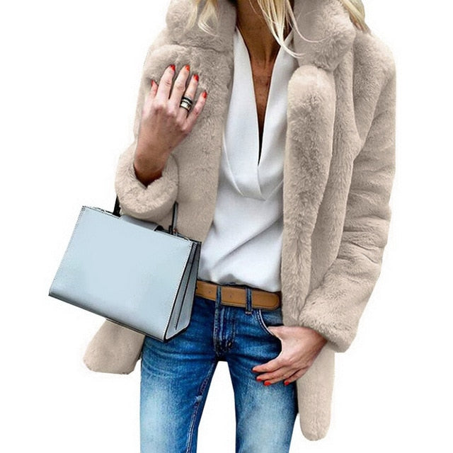 JODIMITTY Women Faux Fur Coats Winter Solid Fashion Open Point Outwear Female Luxury Long Sleeve Warm Thick Fluffy Jacket Coat