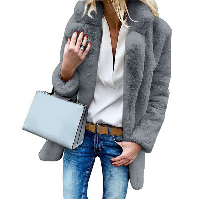 JODIMITTY Women Faux Fur Coats Winter Solid Fashion Open Point Outwear Female Luxury Long Sleeve Warm Thick Fluffy Jacket Coat
