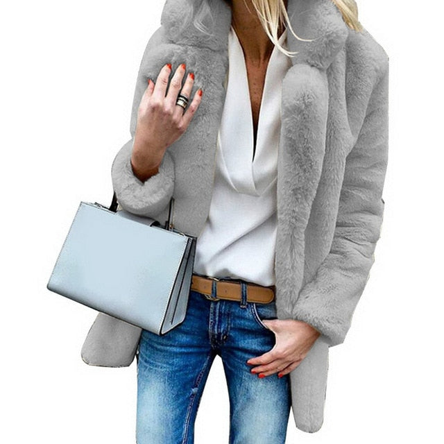 JODIMITTY Women Faux Fur Coats Winter Solid Fashion Open Point Outwear Female Luxury Long Sleeve Warm Thick Fluffy Jacket Coat
