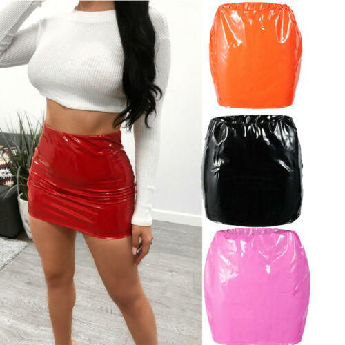 Women PU Leather Skirts Red Pink Orange High Waist Slim Pencil Skirts Vintage Bodycon Mini Skirts Sexy Clubwear Wholesale