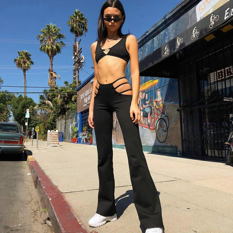 2018 Women Black Sexy Cut Out Holes Pants Slim Fitness Sweat Pants Flare Hollow Out Trousers Streetwear Capris Pant