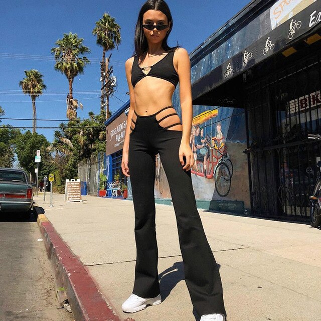 2018 Women Black Sexy Cut Out Holes Pants Slim Fitness Sweat Pants Flare Hollow Out Trousers Streetwear Capris Pant