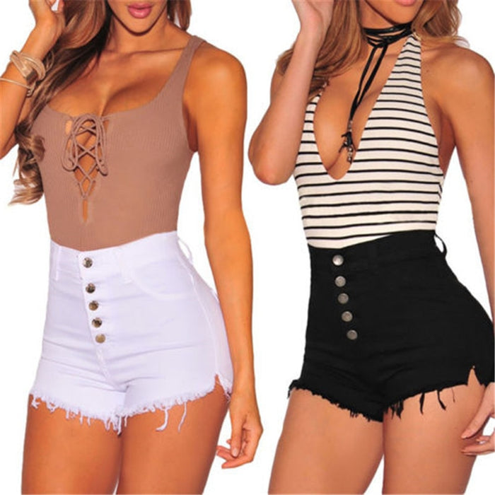 2020 Summer Women Denim Ripped Shorts Casual High Waist Mini Button Short Pant Black Skinny Female Ripped Shorts Mujer Clothes