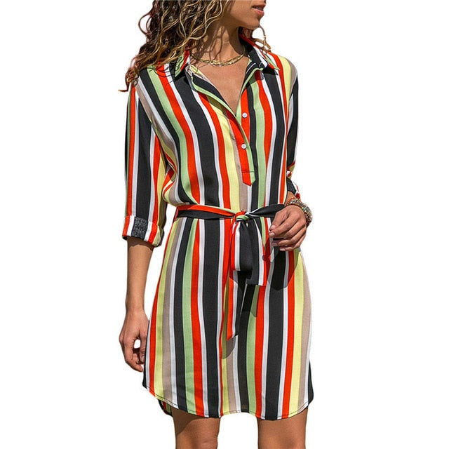 new Autumn 2019 Sleeve Women Dresses Fashion Striped Tunic Bandage Bodycon Beach Party Dress Summer Ladies Office Shirt Dress