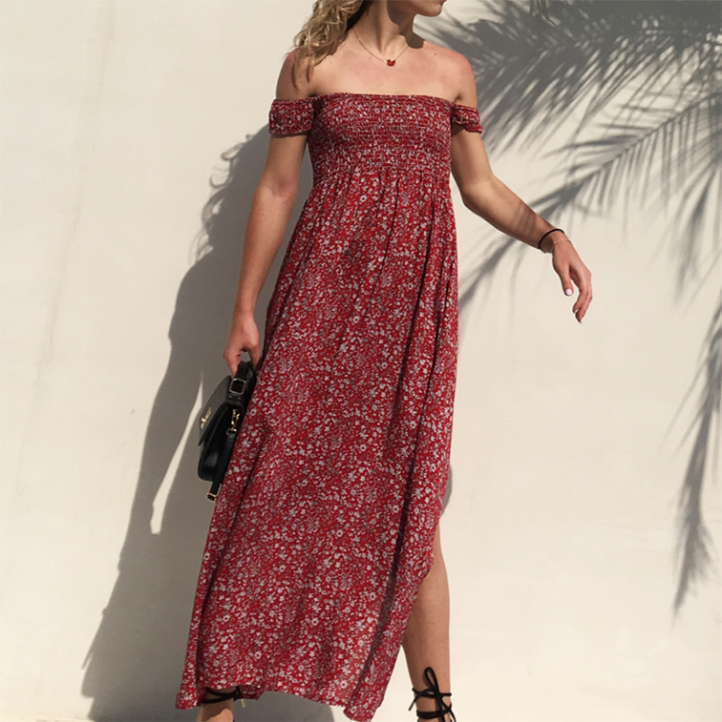 Print Strapless Off Dress Fit and The dresses 2020 short sleeve Shoulder Waist female Sexy High Fashion Flare Summer Women Casua