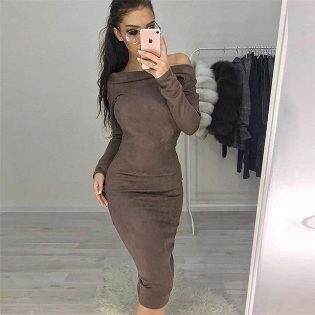 Solid Suede Long Sleeve Off Shoulder Women Mid-calf Dress 2020 Autumn Winter Female Sexy Bodycon New Year Party Dresses