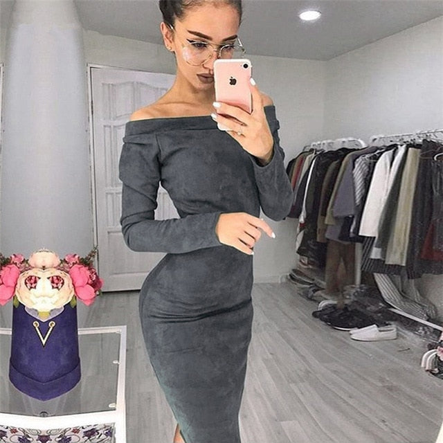 Solid Suede Long Sleeve Off Shoulder Women Mid-calf Dress 2020 Autumn Winter Female Sexy Bodycon New Year Party Dresses