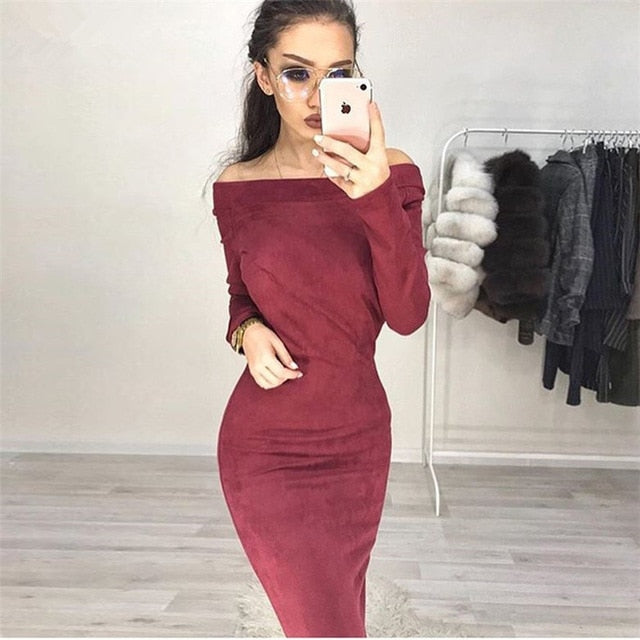 Solid Suede Long Sleeve Off Shoulder Women Mid-calf Dress 2020 Autumn Winter Female Sexy Bodycon New Year Party Dresses