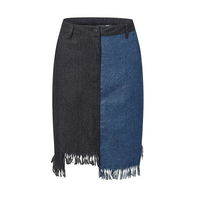 JYSS new arrival patchwork denim skirts for girl a line knee length blue black fashion skirt tassels skirt without belt 30099