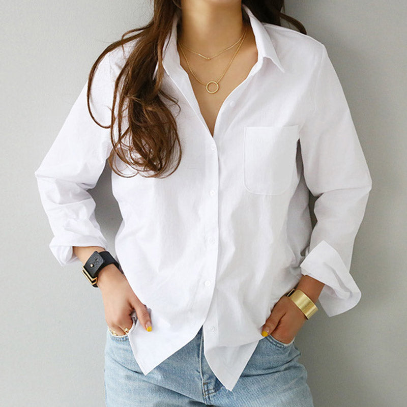 2019 Spring Women Pocket White Shirts Ladies Long Sleeve Tops and Blouses Turn-down Collar Blouse Femme Loose Blouses Wholesale