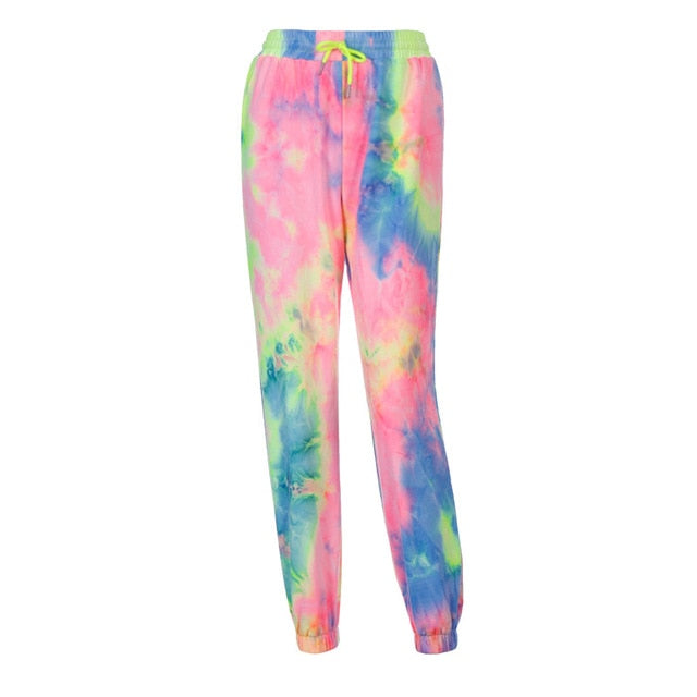 HOUZHOU Neon Tie Dye Pants Women Baggy Bunch Legs Casual Sweatpants Loose High Waist Trousers Contrast Joggers Women Streetwear
