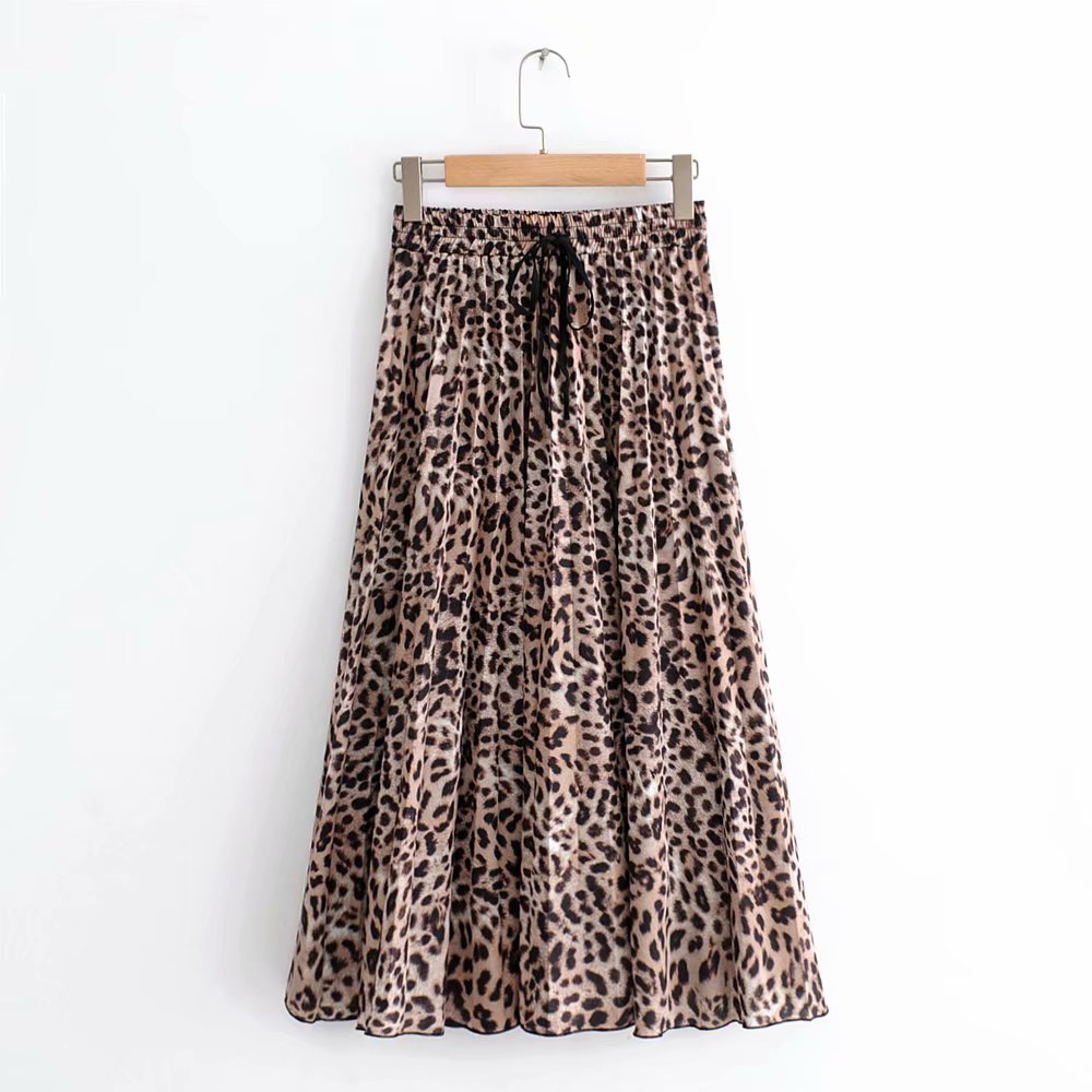 2018 New Women Vintage leopard printing pleated midi skirt faldas mujer ladies elastic waist sashes chic mid-calf skirts QUN119