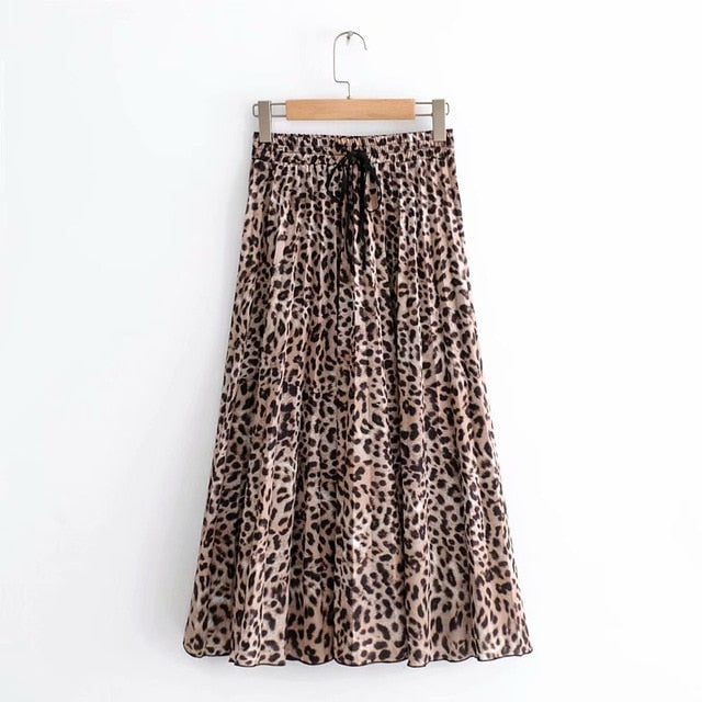 2018 New Women Vintage leopard printing pleated midi skirt faldas mujer ladies elastic waist sashes chic mid-calf skirts QUN119