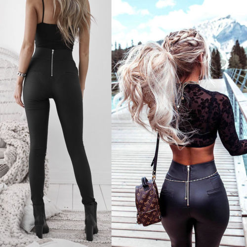 Womens Lady Leather Sexy Skinny Stretch Slim High Waist Trousers Pencil Pants CA