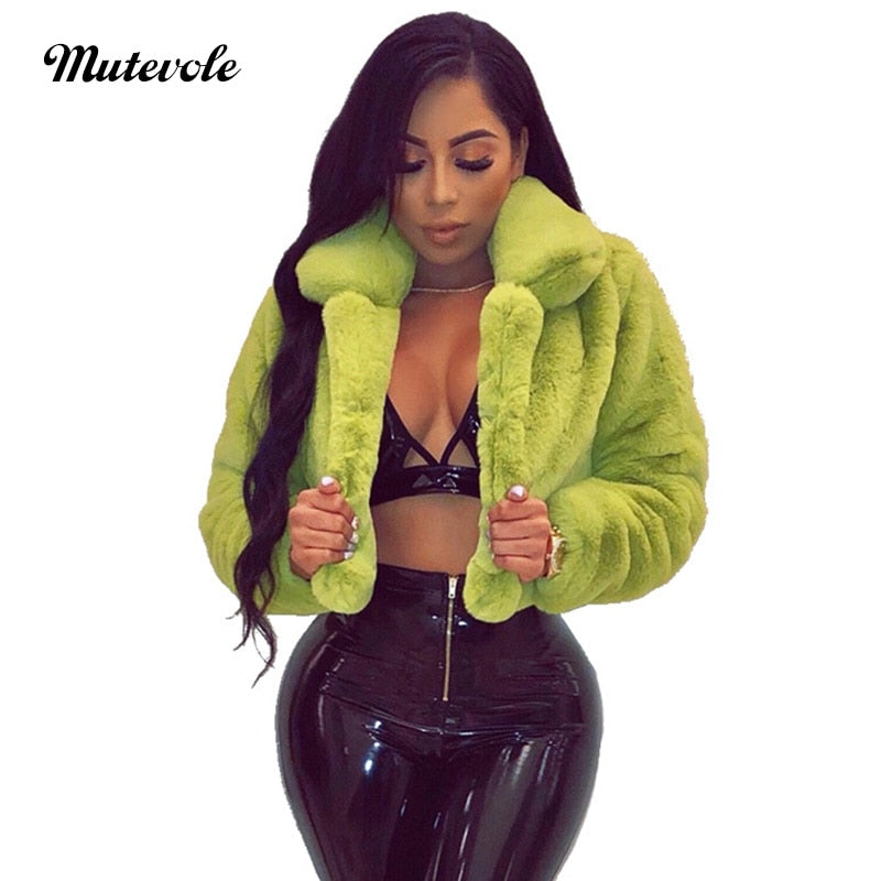 Mutevole Winter Warm Fluffy Faux Fur Coats Jackets Women Furry Fake Fur Cropped Jacket Turn Down Collar Open Front Overcoat