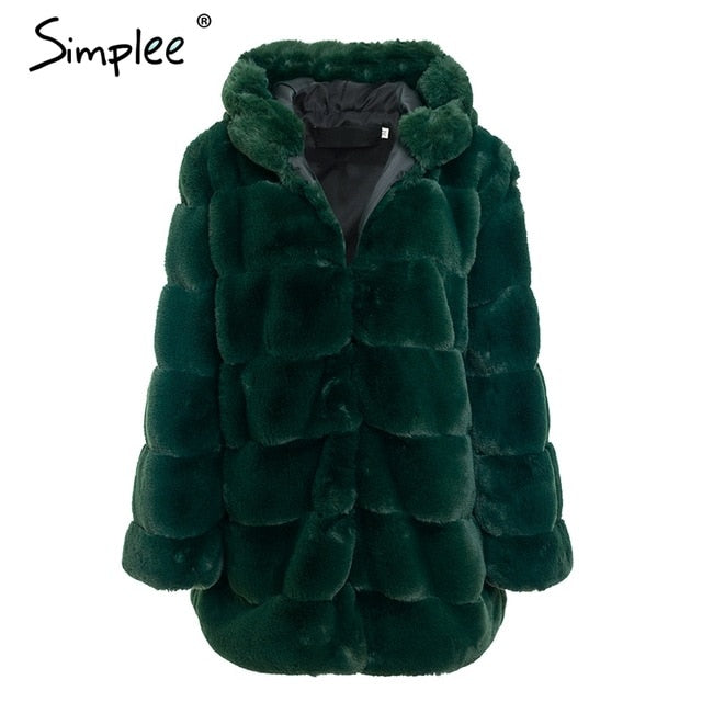 Simplee Vintage fluffy hoodie faux fur coat women Winter grey jacket coat female Plus size warm long casual outerwear overcoat