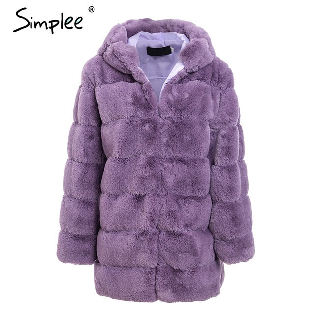 Simplee Vintage fluffy hoodie faux fur coat women Winter grey jacket coat female Plus size warm long casual outerwear overcoat