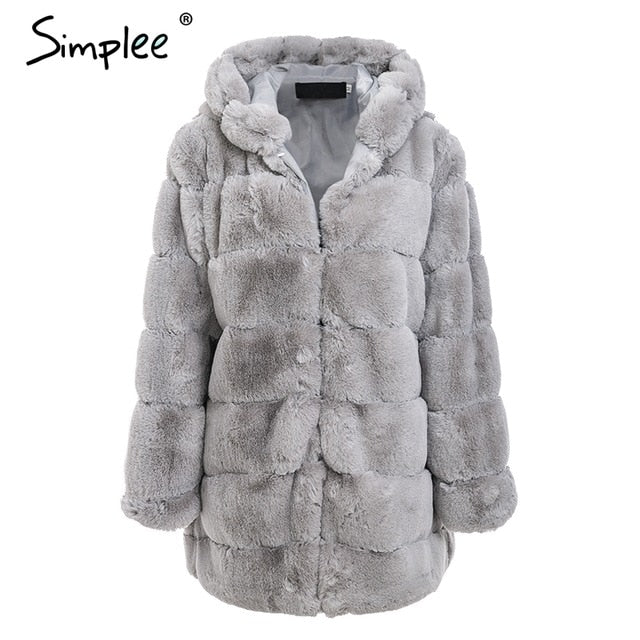 Simplee Vintage fluffy hoodie faux fur coat women Winter grey jacket coat female Plus size warm long casual outerwear overcoat