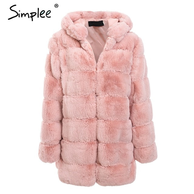Simplee Vintage fluffy hoodie faux fur coat women Winter grey jacket coat female Plus size warm long casual outerwear overcoat