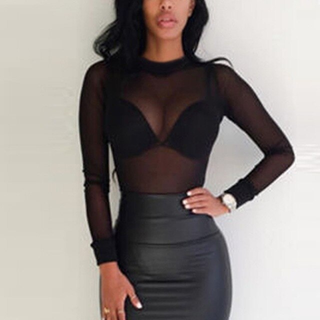 Sexy Black Women Mesh Sheer Blouses Ladies Long Sleeve Striped Front H –  Bella Fancy Dresses US