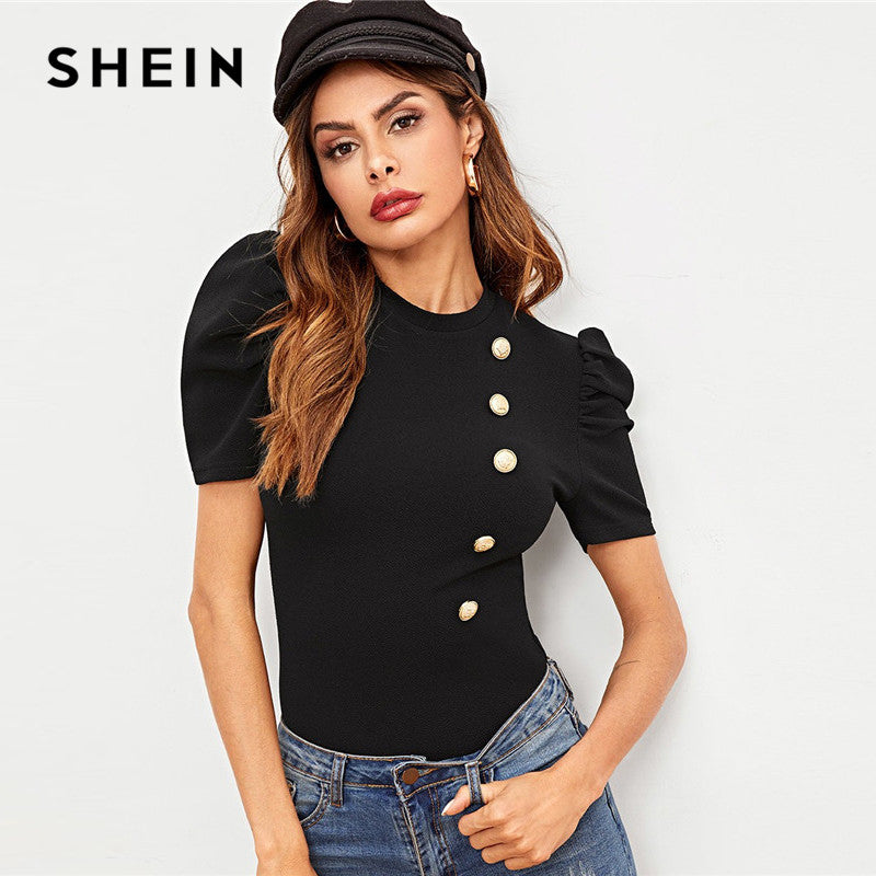 SHEIN Black Puff Sleeve Buttoned Textured Tee Ladies Elegant Plain Tops 2019 Summer Streetwear Short Sleeve Women Shirts
